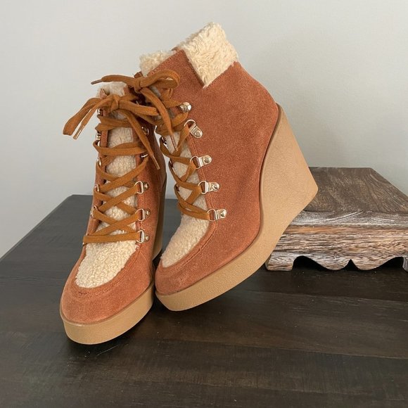JESSICA Simpson Maelyn Lace-Up Suede Sherpa Platform Wedge Hiker Boots 6.5 - Picture 5 of 13